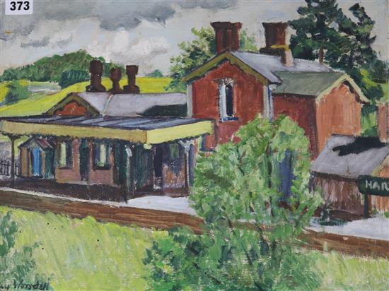 Guy Worsdell (1908-1979), oil on panel, view of a railway station, signed, 33 x 43cm, unframed